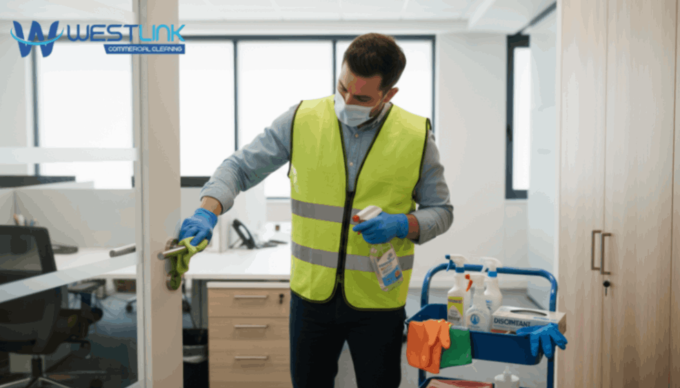 Cleaner disinfecting door and cabinet handles in a modern office.