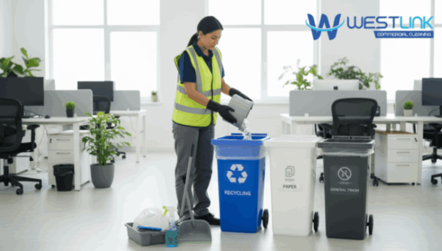Janitor emptying labeled office bins in a modern workspace.