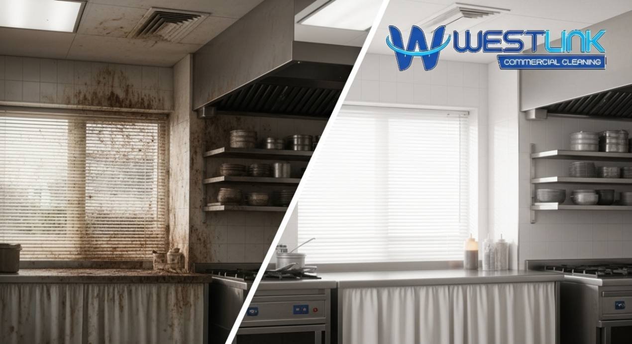 Before and after cleaning kitchen blinds and curtains, showing greasy vs clean surfaces