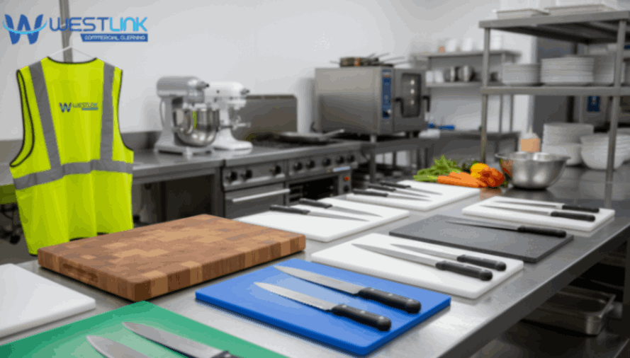 Variety of commercial kitchen cutting boards—wood, plastic, composite—on countertop with knives