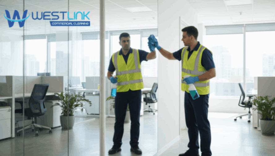 Janitor in uniform cleaning a large office mirror with a cloth and spray bottle in a modern office.