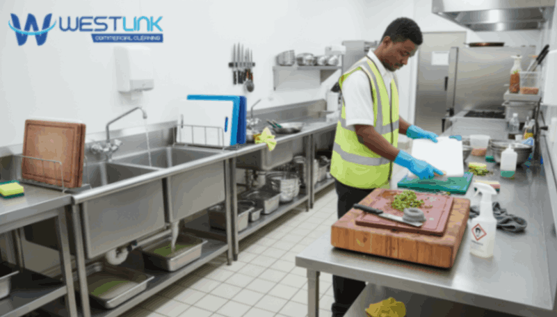 Professional demonstrating proper cutting board cleaning