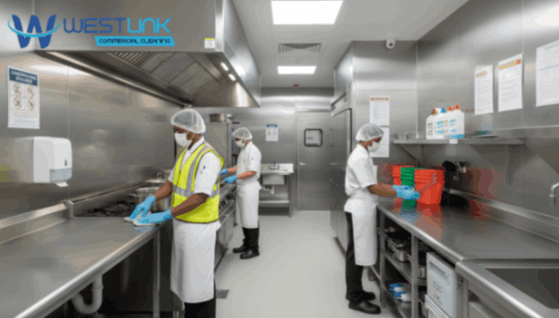 Commercial kitchen showing staff following health and safety regulations with gloves, masks, and organized cleaning supplies.