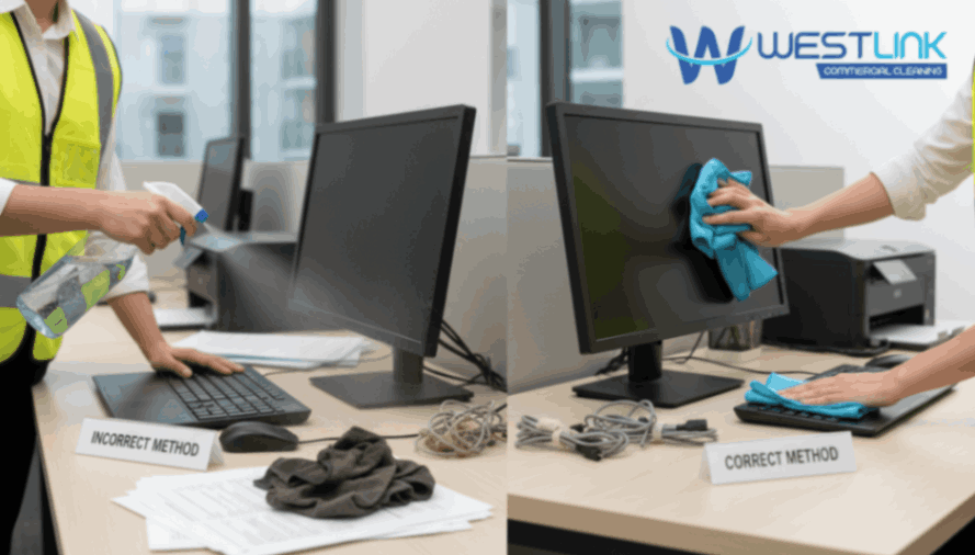 Office desk cleaning mistakes shown with over-spraying, dirty cloths, and clutter.