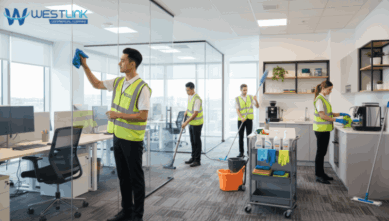 Cleaning staff performing deep cleaning in a modern office.