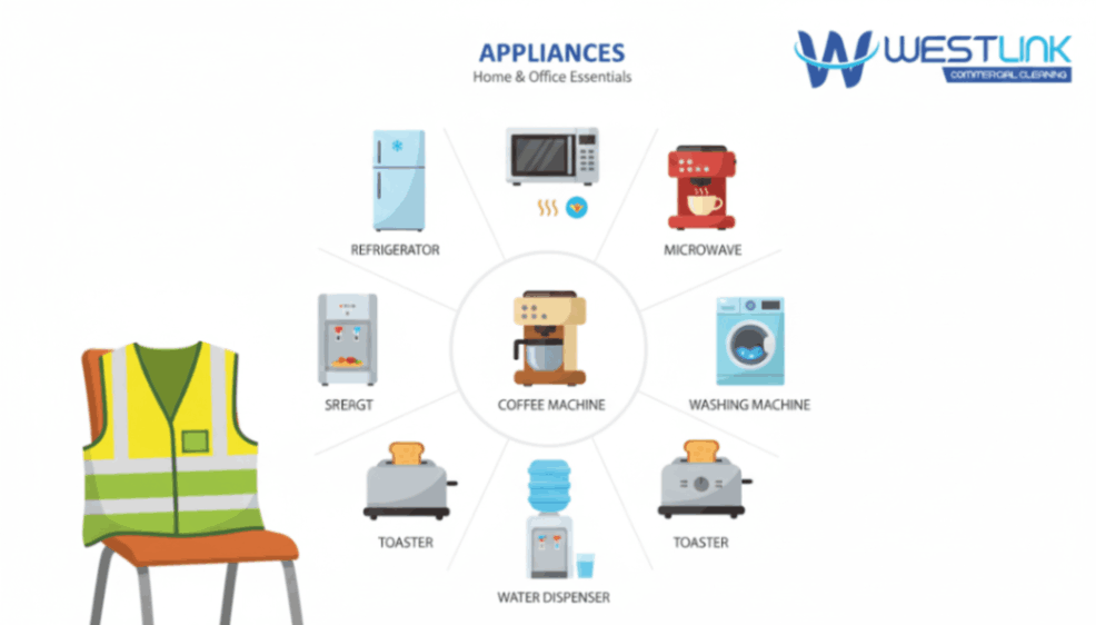 Infographic showing labeled home and commercial office breakroom appliances for educational purposes.