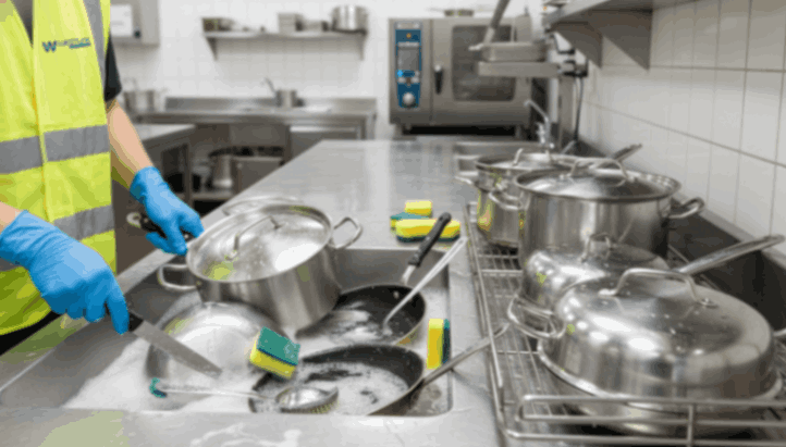 Professional kitchen utensils being washed and sanitized in a sink.