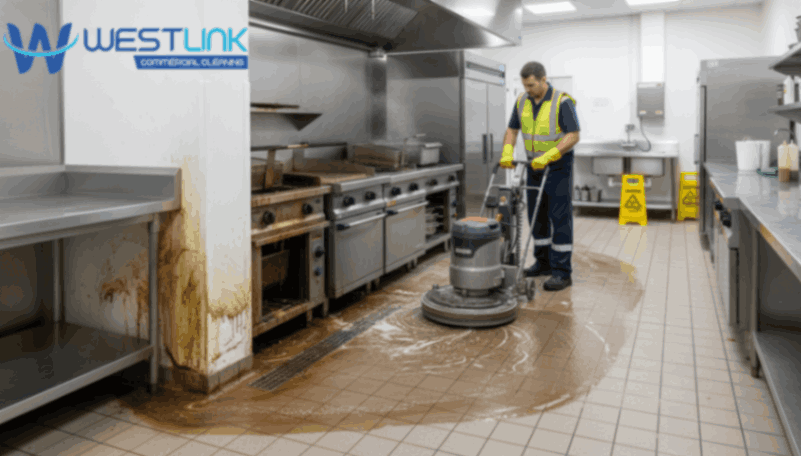 Cleaners degreasing commercial kitchen floors and hard-to-reach areas.