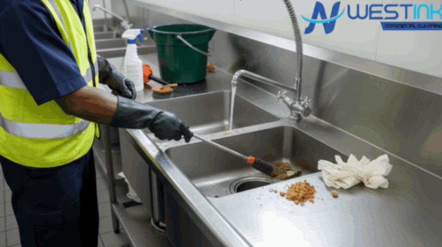 Worker cleaning a commercial kitchen sink drain with gloves, brush, and cleaning solution.