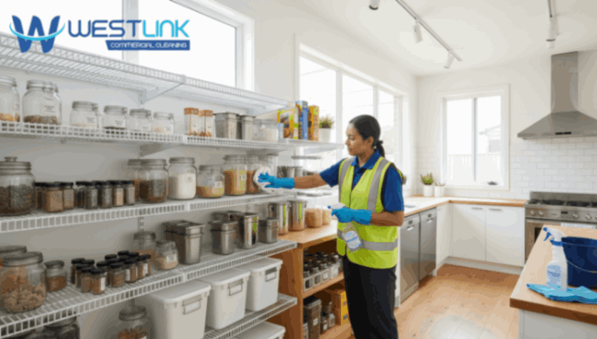Cleaner sanitizing pantry shelves and containers in a commercial kitchen