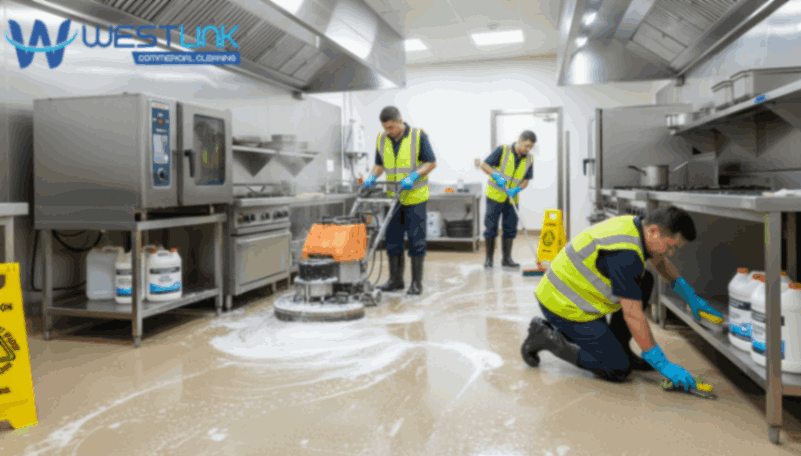Cleaners degreasing commercial kitchen floors and hard-to-reach areas.