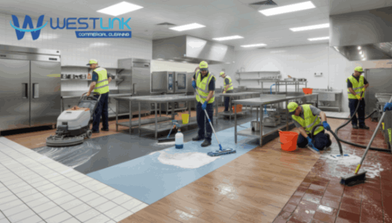 Professional cleaners cleaning various commercial kitchen floor types