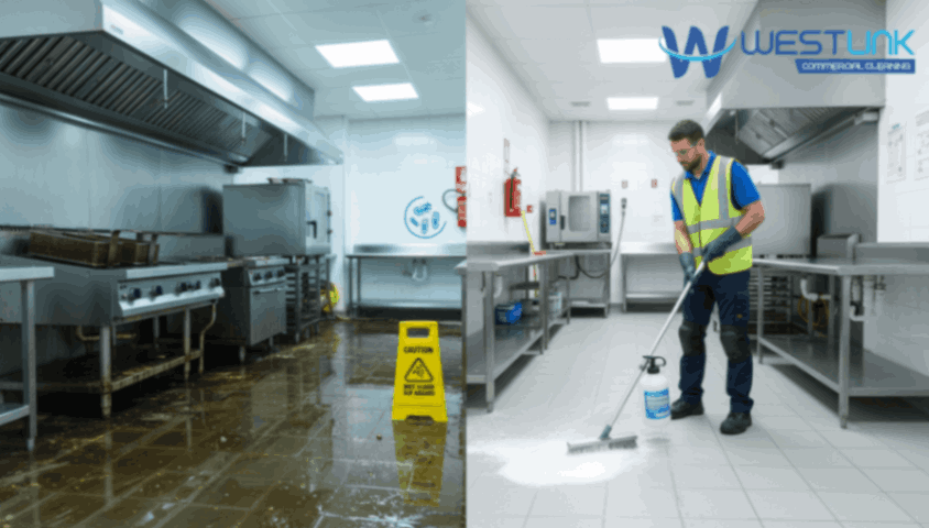 Greasy vs clean commercial kitchen floors showing safety and hygiene needs.