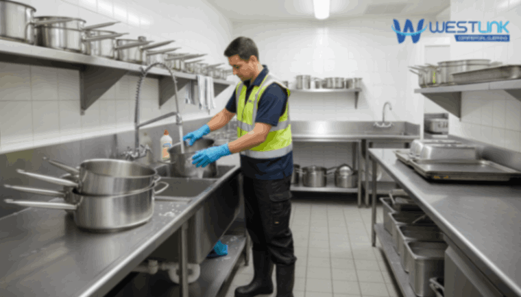Professional cleaner washing commercial kitchen cookware and bakeware with soft sponges.