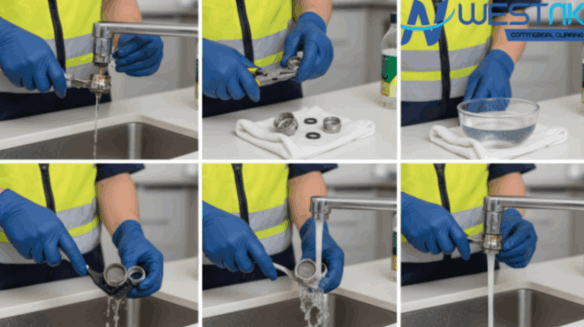 Step-by-step cleaning of a kitchen faucet aerator with soaking, scrubbing, and reassembly.