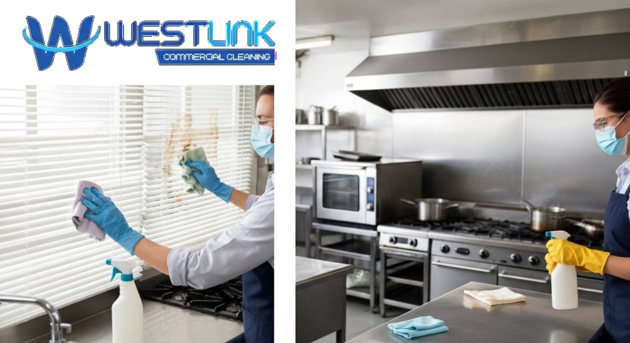 Cleaner wiping greasy kitchen blinds and curtains