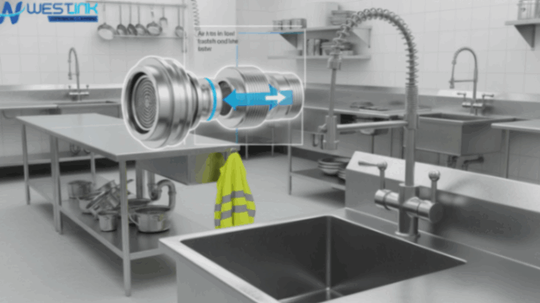 Close-up of a commercial kitchen faucet aerator with visible internal components.