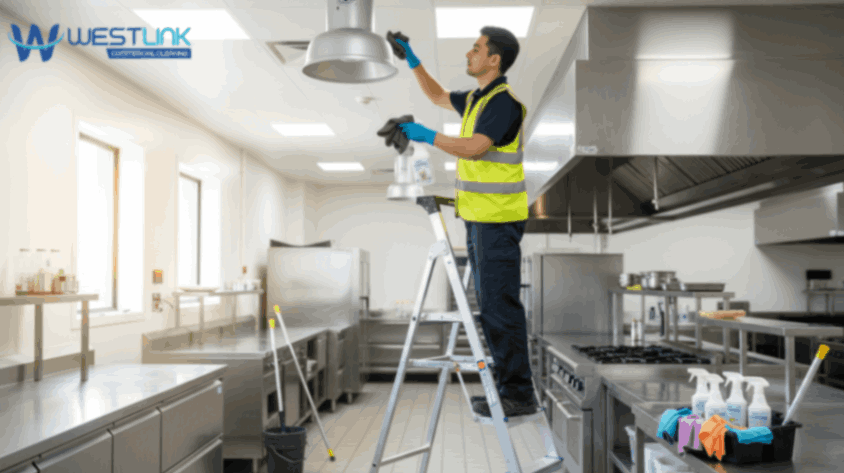 Staff cleaning overhead lights and vents in a commercial kitchen using eco-friendly products