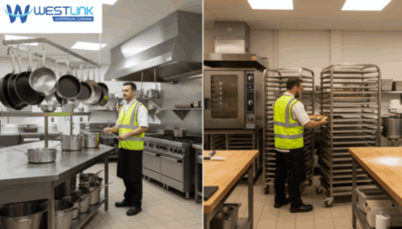 Split view of commercial cookware and bakeware in a professional kitchen.
