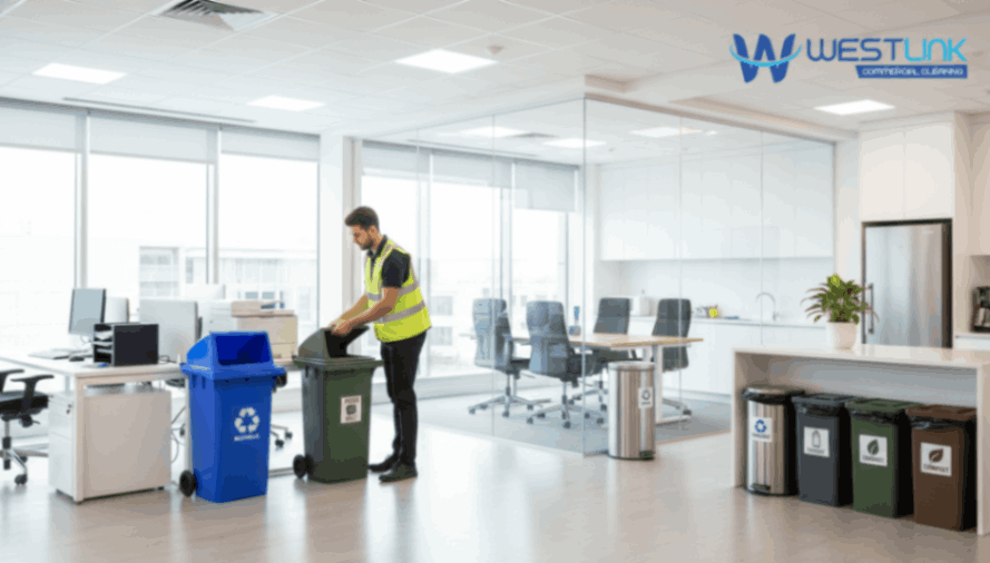 Professional arranging labeled waste bins in a modern office.