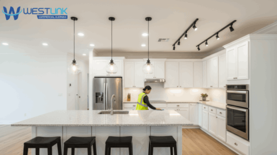 Modern kitchen showcasing various ceiling lights above counters and work areas.
