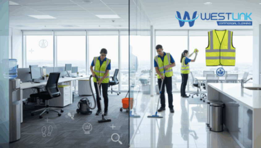 Staff in uniform cleaning a modern office with vacuum, mop, cloths, and disinfectants.