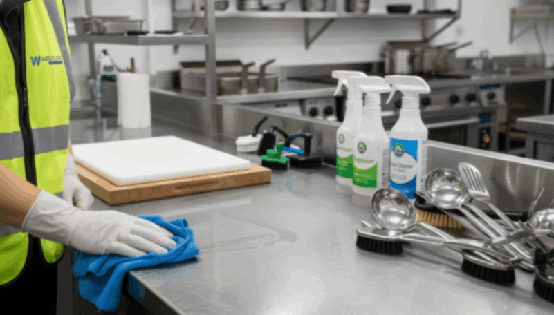Commercial kitchen countertop being sanitized with cleaning tools and spray.