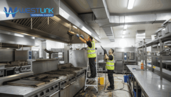 Professional cleaners degreasing a commercial kitchen range hood.