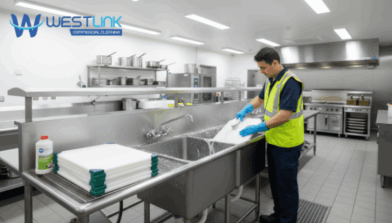 Cleaner washing commercial kitchen cutting boards with brushes and food-safe detergent
