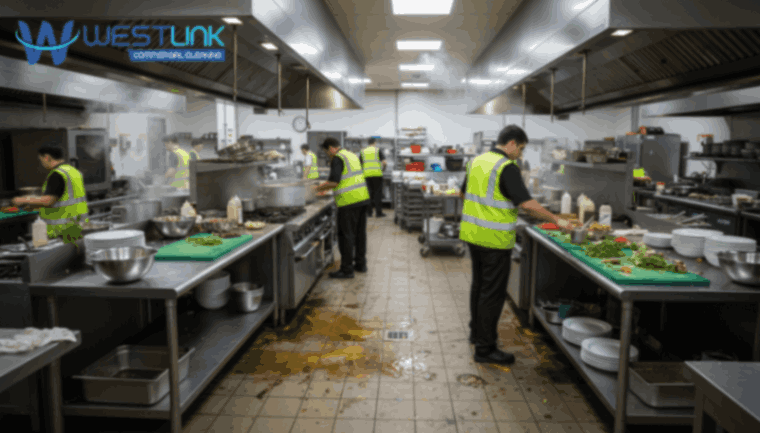 Grease buildup on busy commercial kitchen floors.