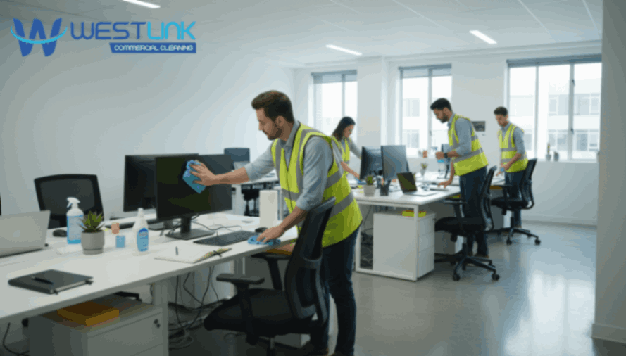 Office employees cleaning and organizing their desks in a modern workspace.