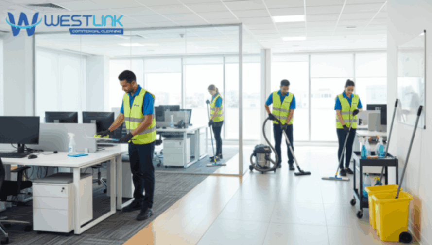 Professional cleaners performing organized cleaning in a modern office.