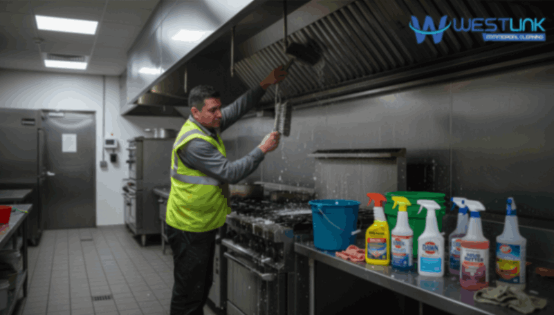 Hood degreasers and cleaner scrubbing a greasy commercial range hood