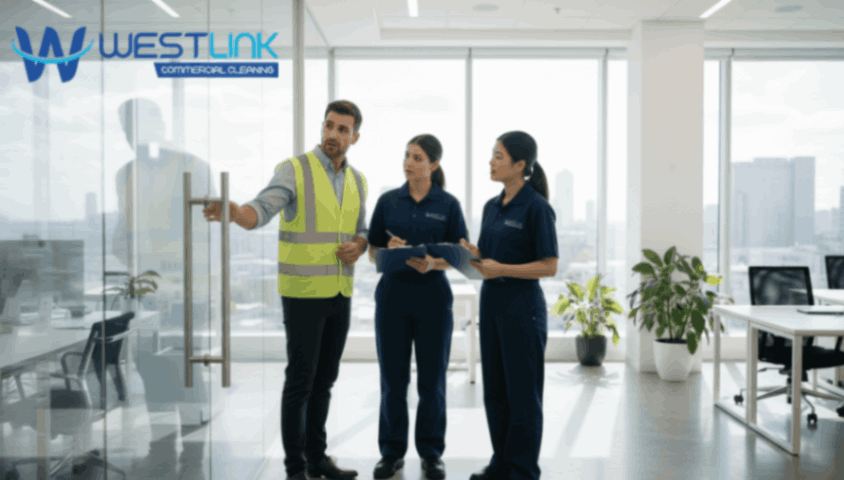 Client discussing cleaning concerns with professional cleaners in a modern office.