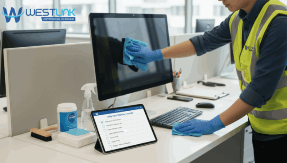 Modern office desk with a daily cleaning checklist on a clipboard or tablet.