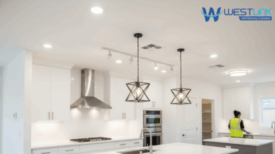Modern kitchen showing various ceiling lights and ventilation fixtures.