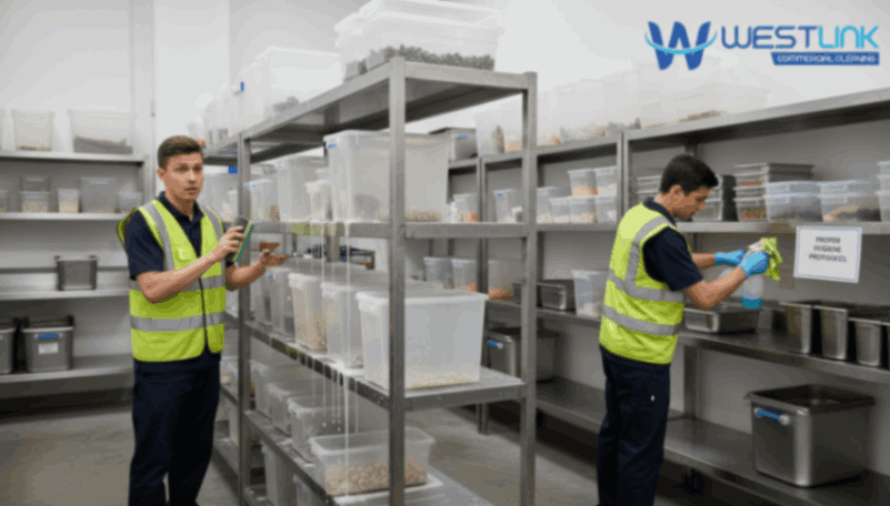 Comparison of improper vs proper pantry shelf and container cleaning.