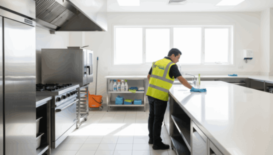 Modern kitchen being cleaned with organized cleaning supplies and sparkling surfaces.
