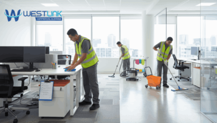 Professional cleaning staff demonstrating best practices in a modern office.