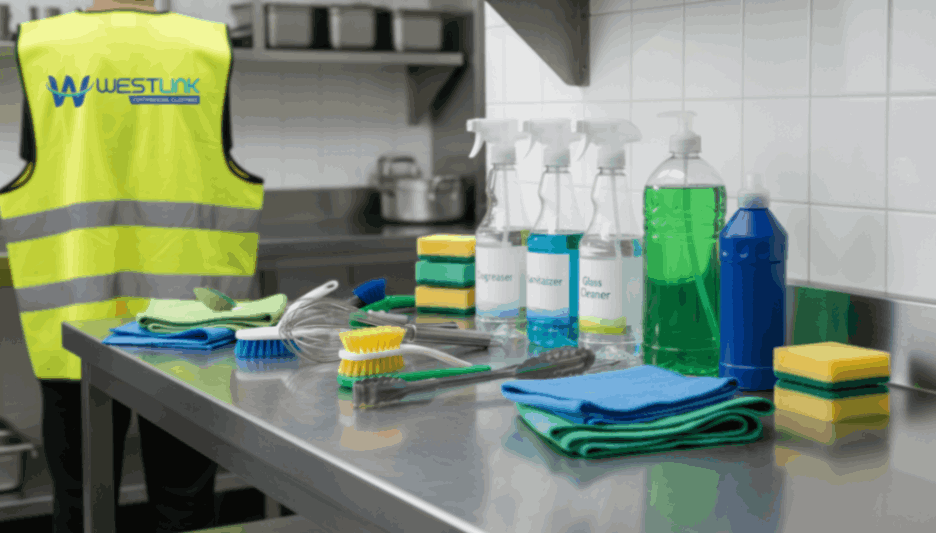 Commercial kitchen countertop with organized cleaning products and utensils.