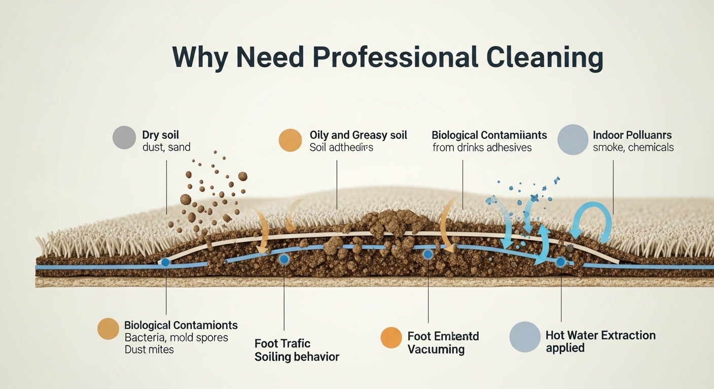 Cross-section of carpet showing trapped soil types including dry soil, oily residues, sticky spills, biological contaminants, and indoor pollutants, illustrating the need for professional cleaning.