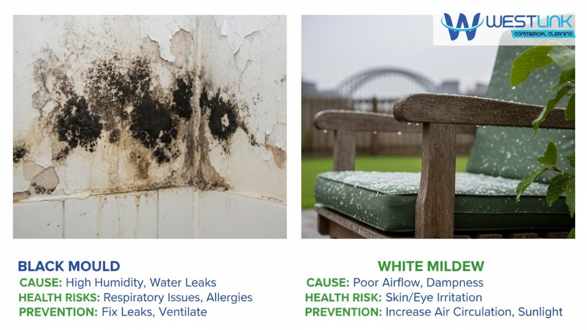Infographic contrasting mould in a North Sydney office ceiling and mildew in an Alexandria warehouse, with commercial prevention tips and faint Sydney skyline