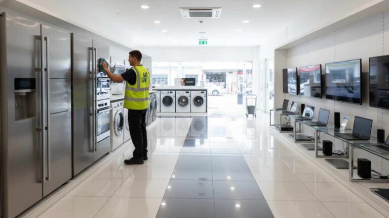 Spotless appliance and electronics showroom in Parramatta with clean stainless-steel and glass displays