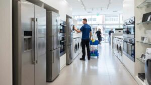 Clean appliance showroom with spotless stainless-steel fronts and clear glass shelves