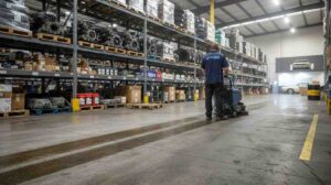 Clean and organized automotive warehouse with workers maintaining floors, shelving, and storage areas for vehicle parts to ensure safety and efficiency.