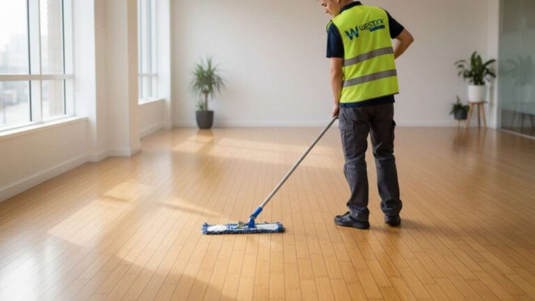 Safe cleaning of commercial bamboo flooring to prevent scratches and moisture damage