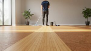 Bamboo and cork flooring being gently cleaned with pH-neutral solutions to prevent swelling and water damage, similar to wood care