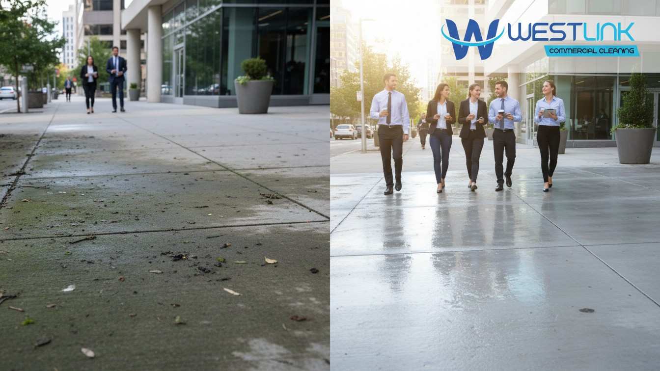 Before-and-after of a commercial sidewalk transformed by pressure cleaning.