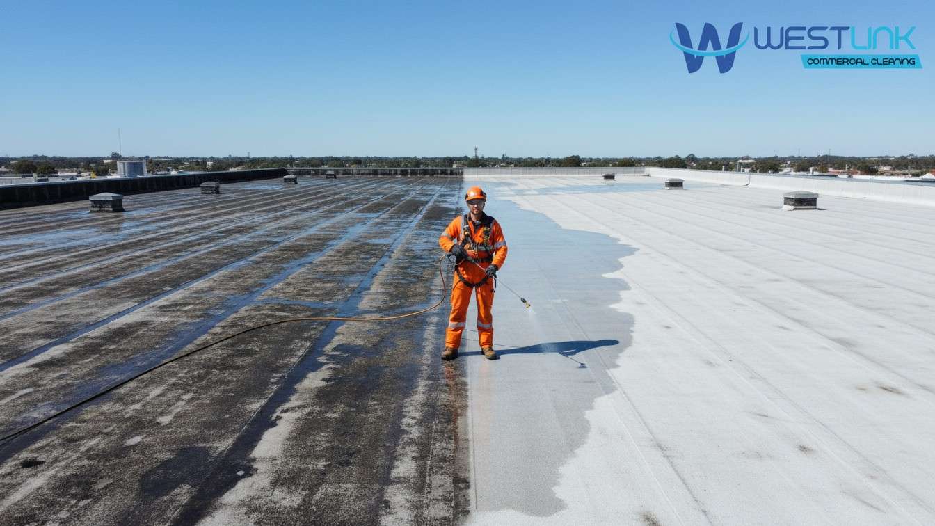 Aerial view of commercial roof cleaned by pressure washing, safety improved by westlink commercial cleaner