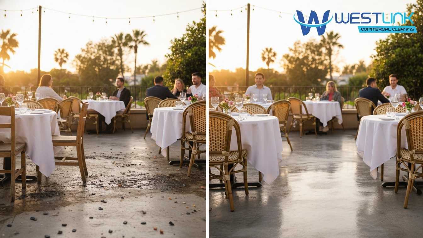 Restaurant patio transformed from dirty to pristine with pressure cleaning.
